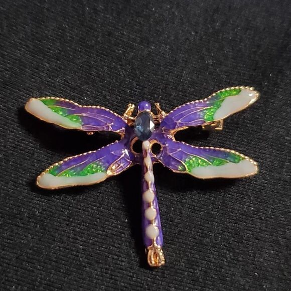 Goldtone Green and Purple Enamel Dragonfly Brooch - Picture 1 of 5